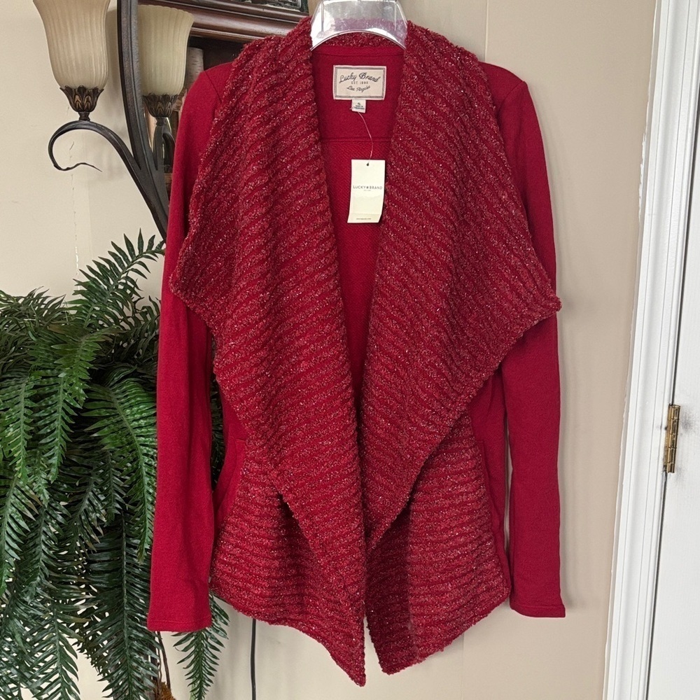 Brand New Lucky Brand Red Metallic Knit Shawl Open Front Drape Cardigan Sweater